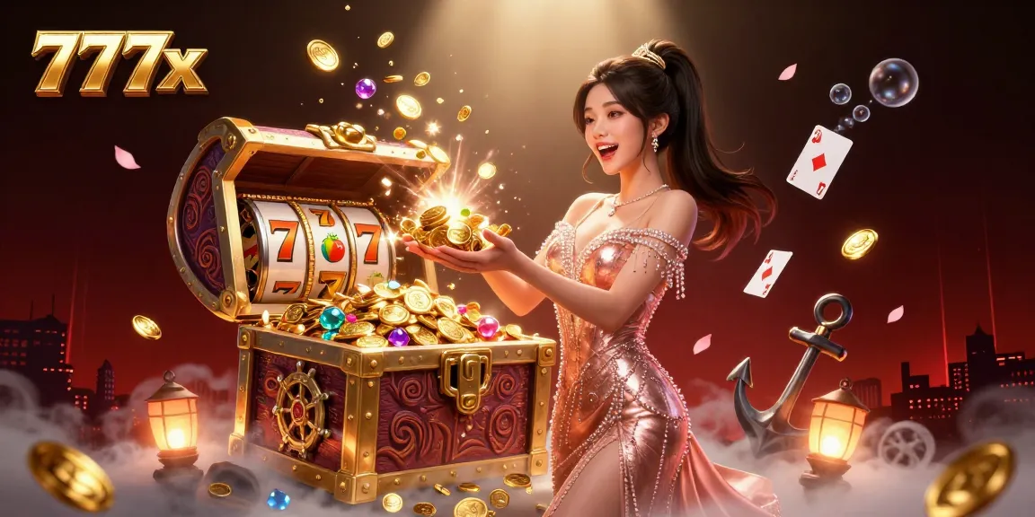 Experience excitement and joy with 777x, showcasing treasures in a dazzling casino-themed illustration.