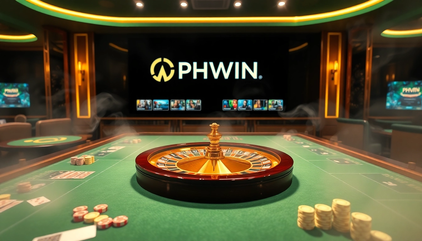 Experience excitement at PHWIN with live casino tables, roulette wheel, and vibrant gaming atmosphere.