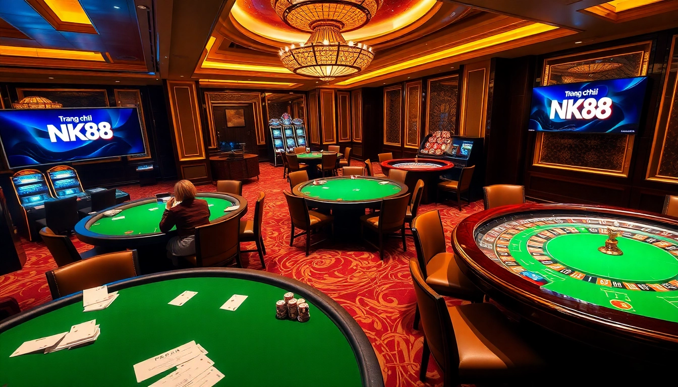Engaging scene at Trang chủ NK88 featuring vibrant poker tables and dynamic roulette wheel in a luxurious casino.