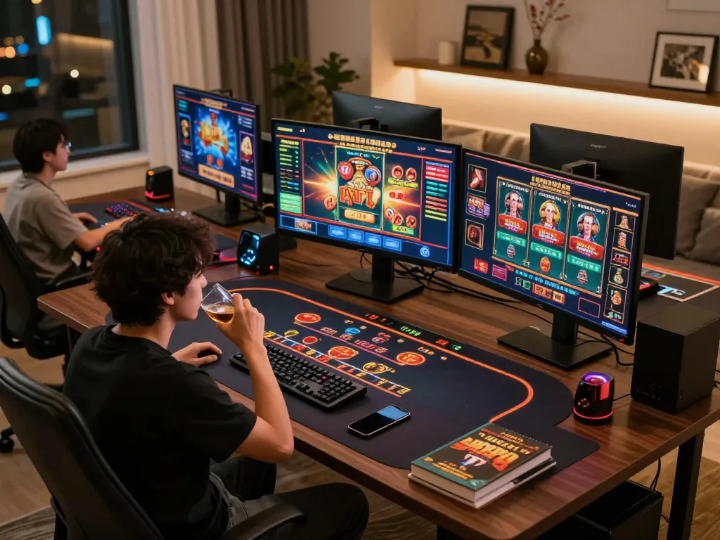 Engaging in strategic online gaming with 789WIN at a stylish home setup featuring multiple screens.