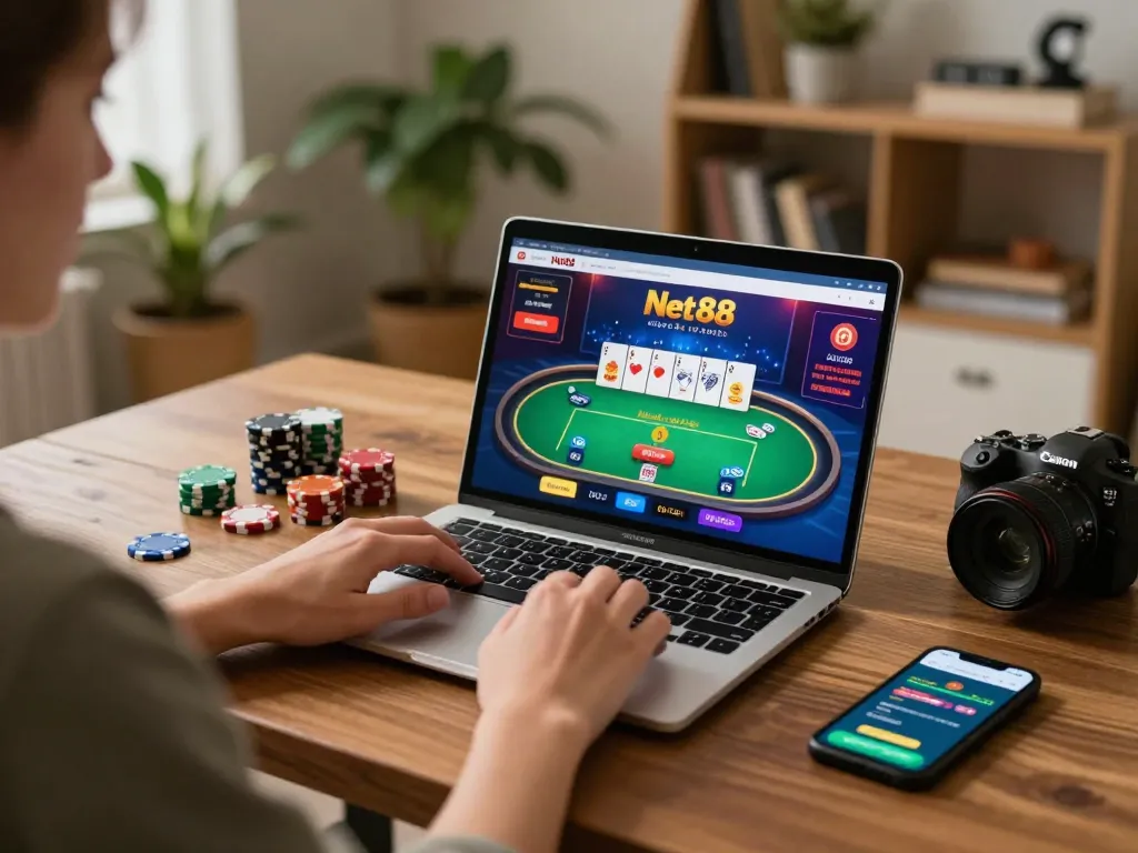 Engaging in online gaming with the Net88 app on a laptop in a cozy home setting
