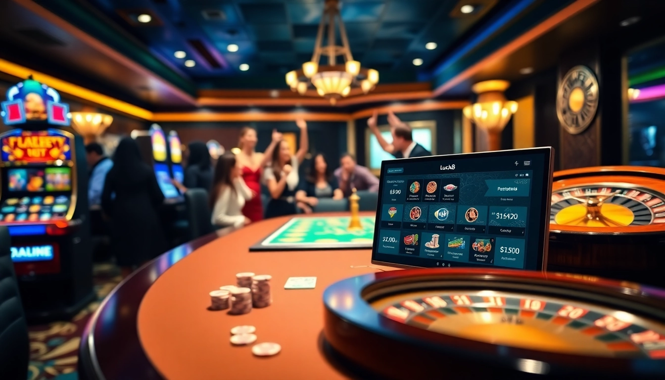 Experience thrilling gambling action at luck8 with vibrant casino tables and roulette wheels.