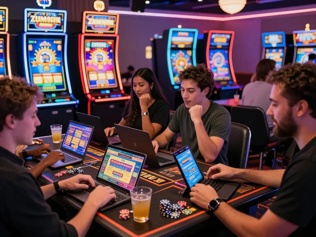Exciting Zumospin Casino scene showcasing diverse players enjoying gaming experiences on mobile devices, highlighting the vibrant online gambling atmosphere.