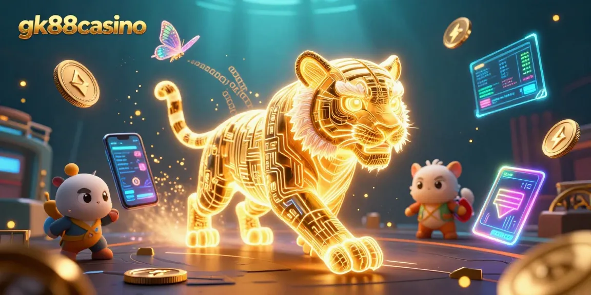 Engage with gk88casino's digital gaming experience featuring a neon-wireframe golden tiger in a vibrant, tech-rich landscape.