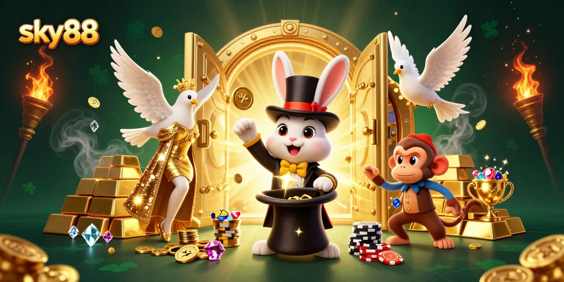 Sky88 gambler enjoying poker chips in a dynamic casino scene filled with gold and treasures