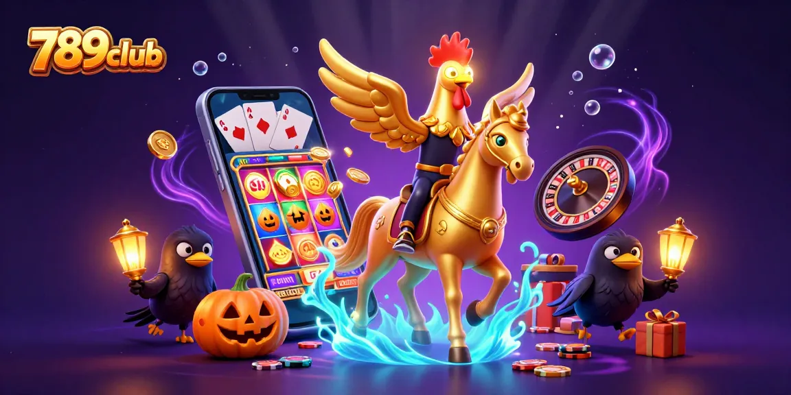 Experience the thrilling world of 789club as the golden rooster rides through a midnight casino, showcasing dynamic games and jackpots.