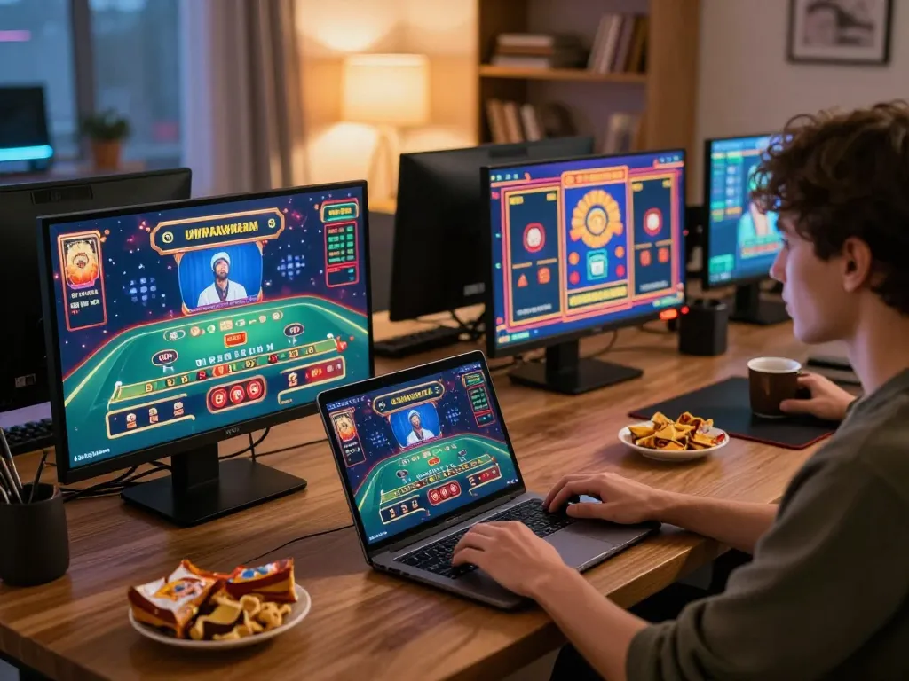 Engaged user playing fly88 online casino games on a laptop in a cozy home setting.