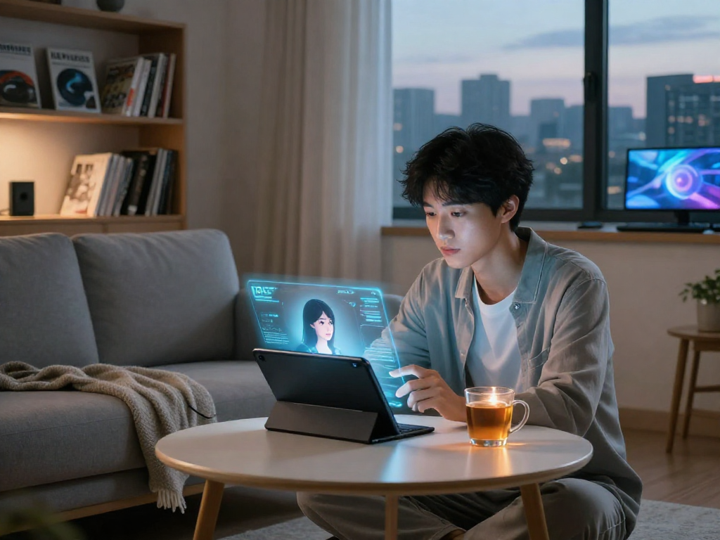 ai girlfriend engaging with a user in a cozy apartment, showcasing a futuristic holographic interaction