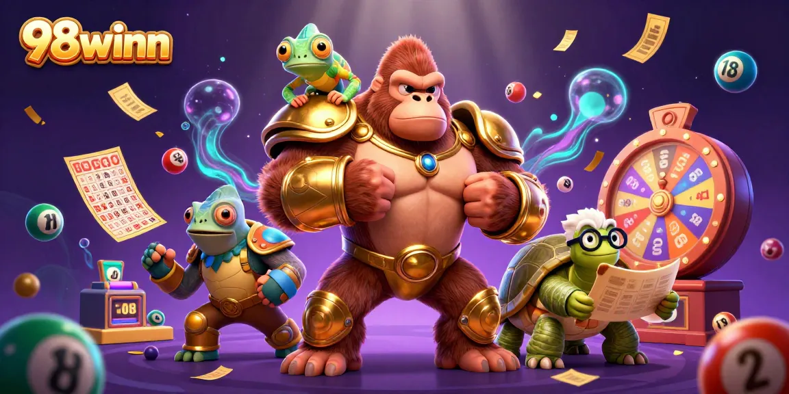 Engage with 98winn through an immersive 3D casino illustration showcasing vibrant gambling elements.