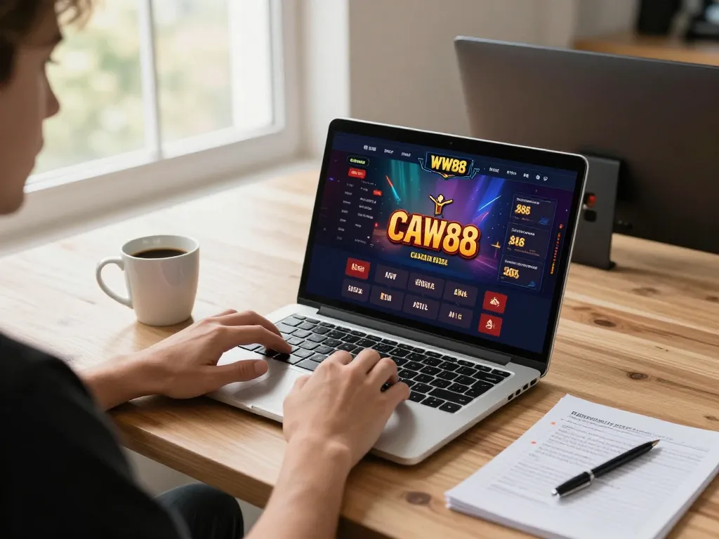 Engaging in strategic gameplay on the WW88 casino app using a laptop in a cozy home office.