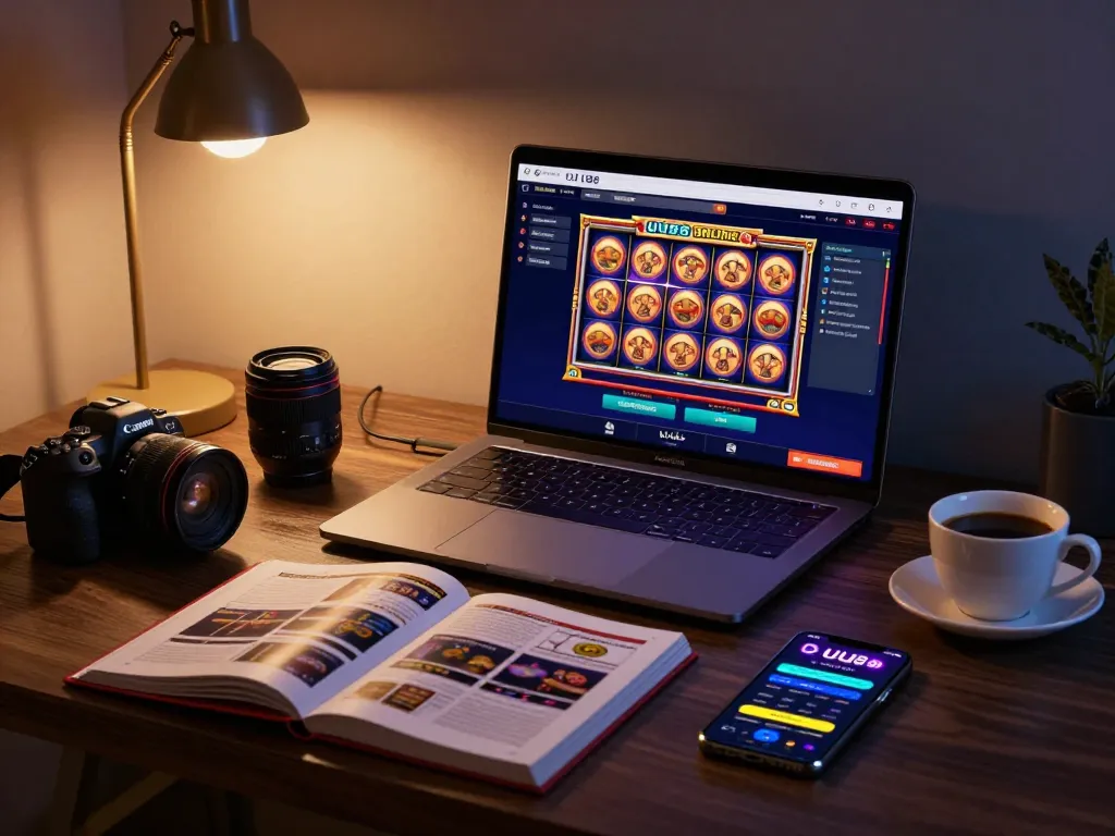 Engaging in online gaming at UU88, showcasing vibrant slot game action on a laptop.