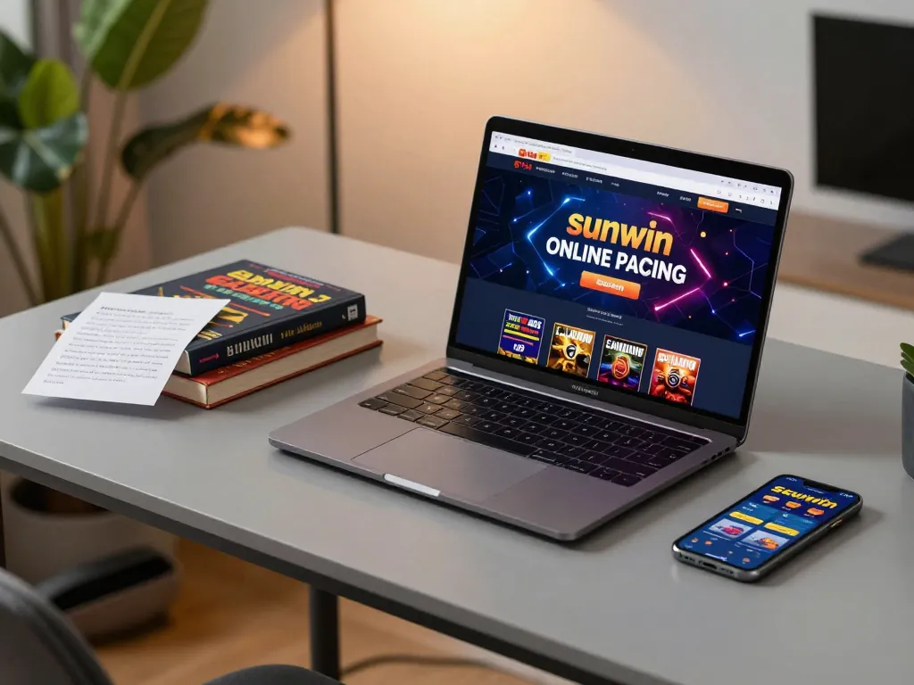 Engaging with sunwin online casino platform on a laptop in a cozy home setting with strategic notes visible.