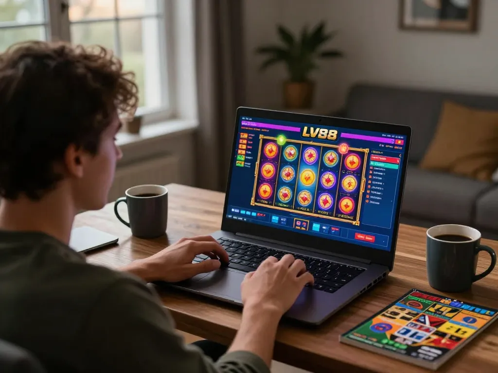 Player enjoying LV88 online casino gaming on a laptop at home, showcasing engaging gameplay experience.