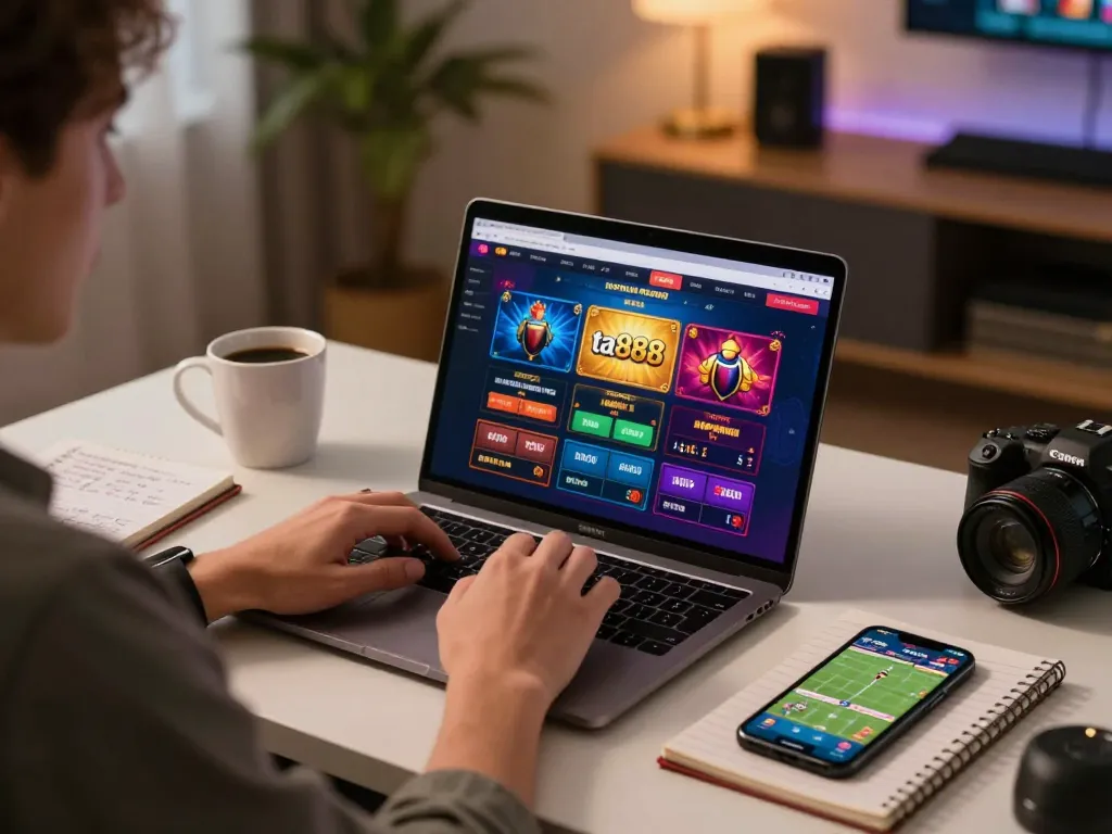 Engaging scene of online gaming at ta888 casino interface with player focused on laptop.