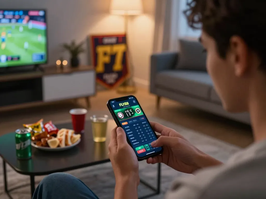 Engaging with FLY88 sports app for live betting action in cozy home setting.