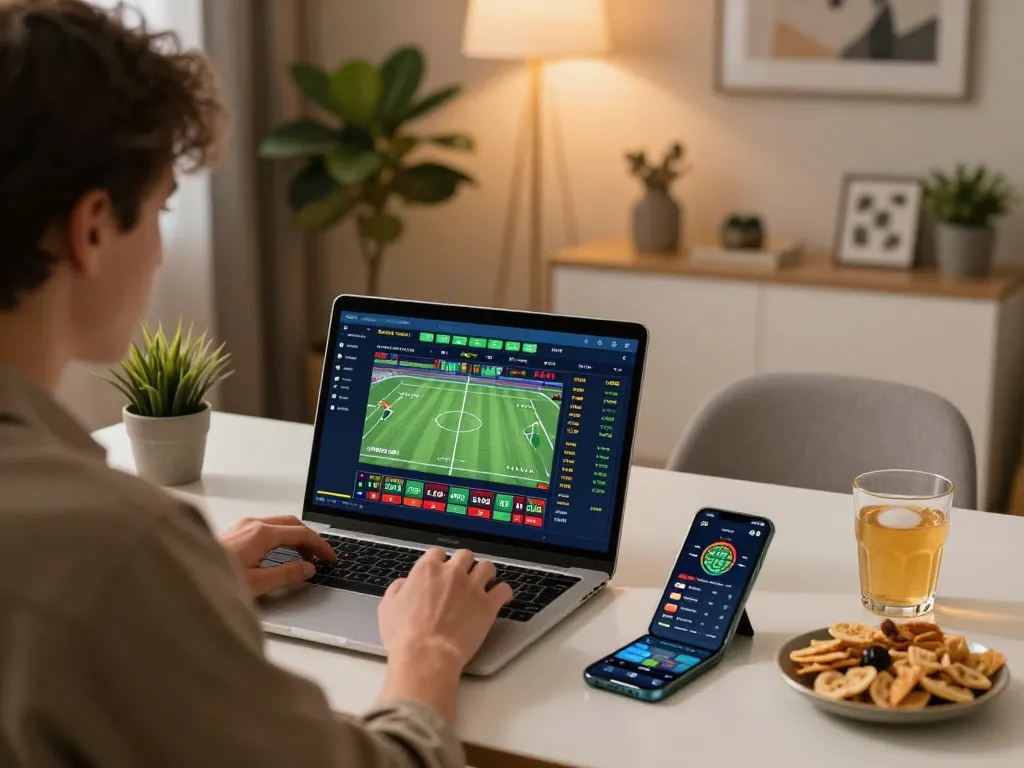 Player engaged in Lc88 online sports betting session from a cozy home setup with laptop and smartphone.
