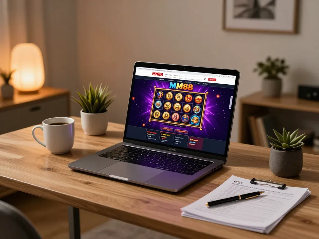 Engaging with MM88 online casino from a modern home setup, showcasing vibrant game graphics.