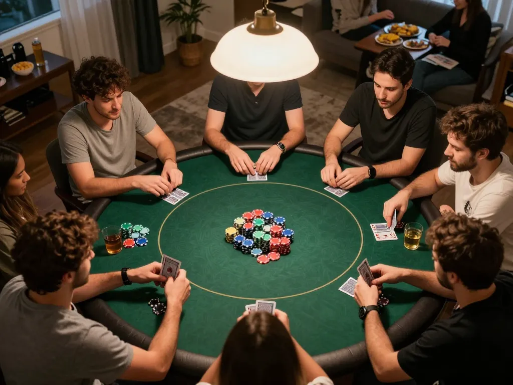 DOLA789 poker night scene with friends playing cards and vibrant chips in cozy home setting