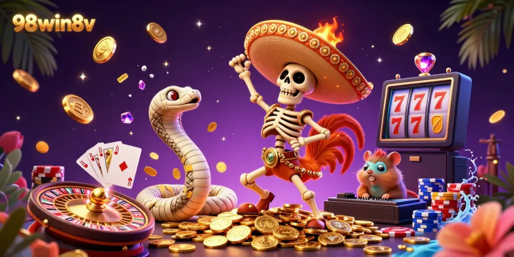 Experience the excitement of 98win8v with a vibrant dance of characters and casino elements in a colorful 3D illustration.