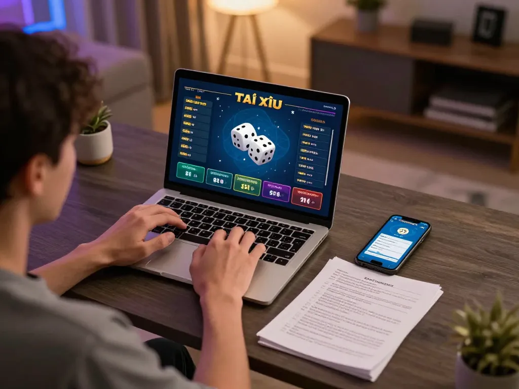 Tài Xỉu player strategizing with online game display and notes in a cozy home setting.