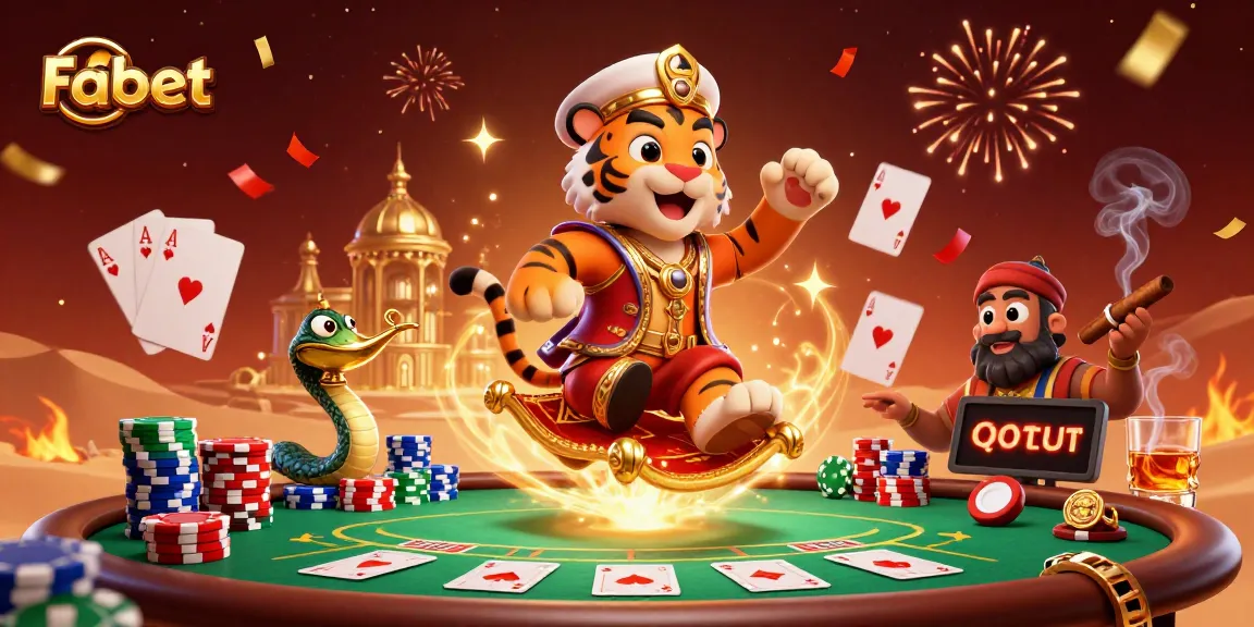 Fabet's animated scene showcases a sultan and genie amidst poker-themed excitement.