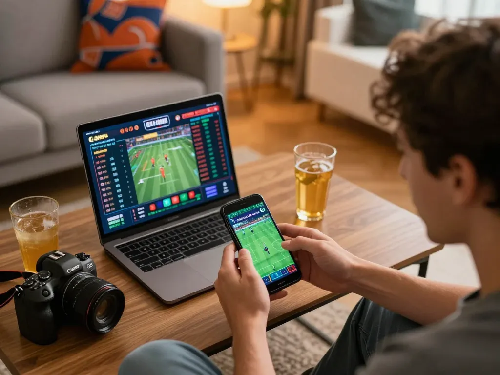 man88 user enjoying live sports betting on smartphone in cozy home setting