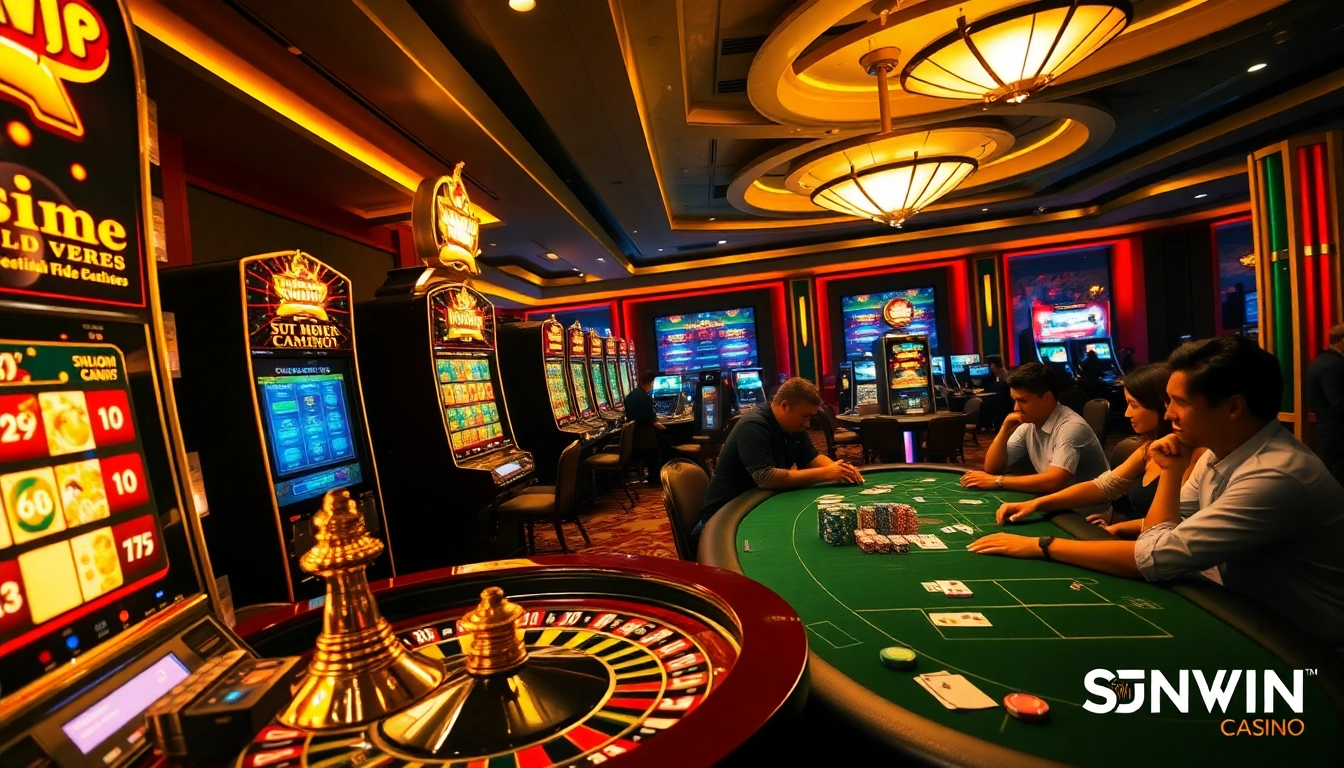 SUNWIN casino scene showcasing vibrant slot machines, roulette wheel, and engaging players in a luxurious atmosphere.