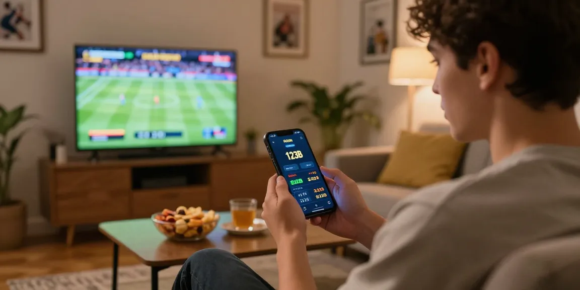 Engaging scene of a young adult using the tải 123b app for online betting in a cozy living room.