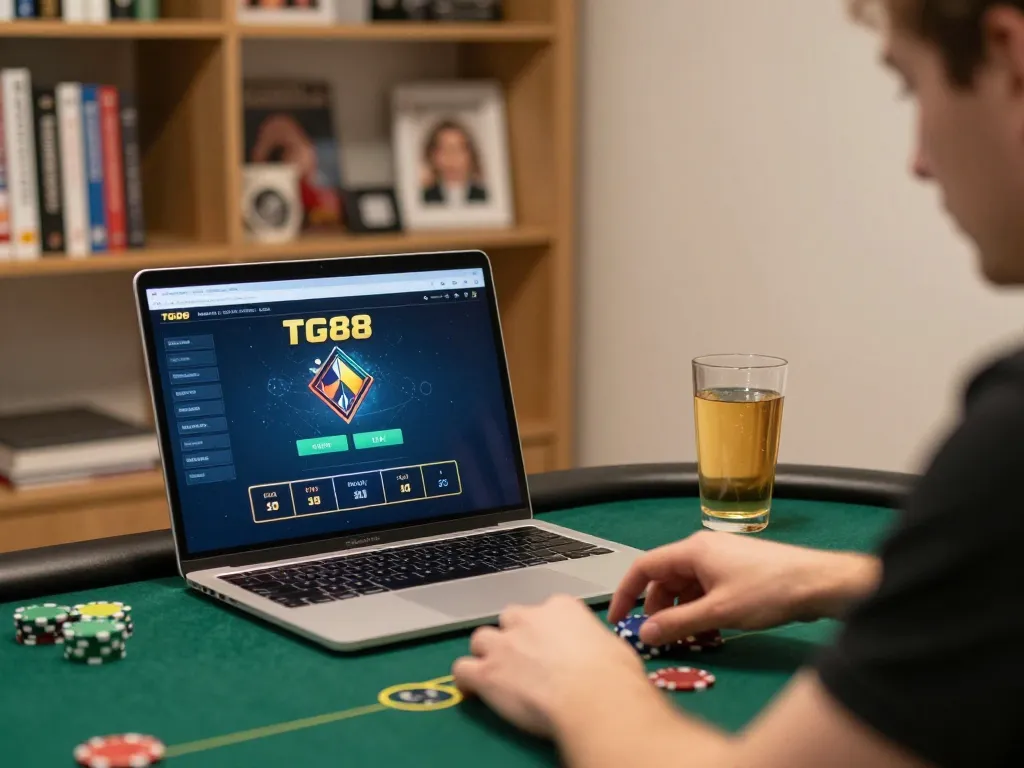 Player engaging with TG88 poker game on laptop in cozy home office, showcasing strategy and focus.