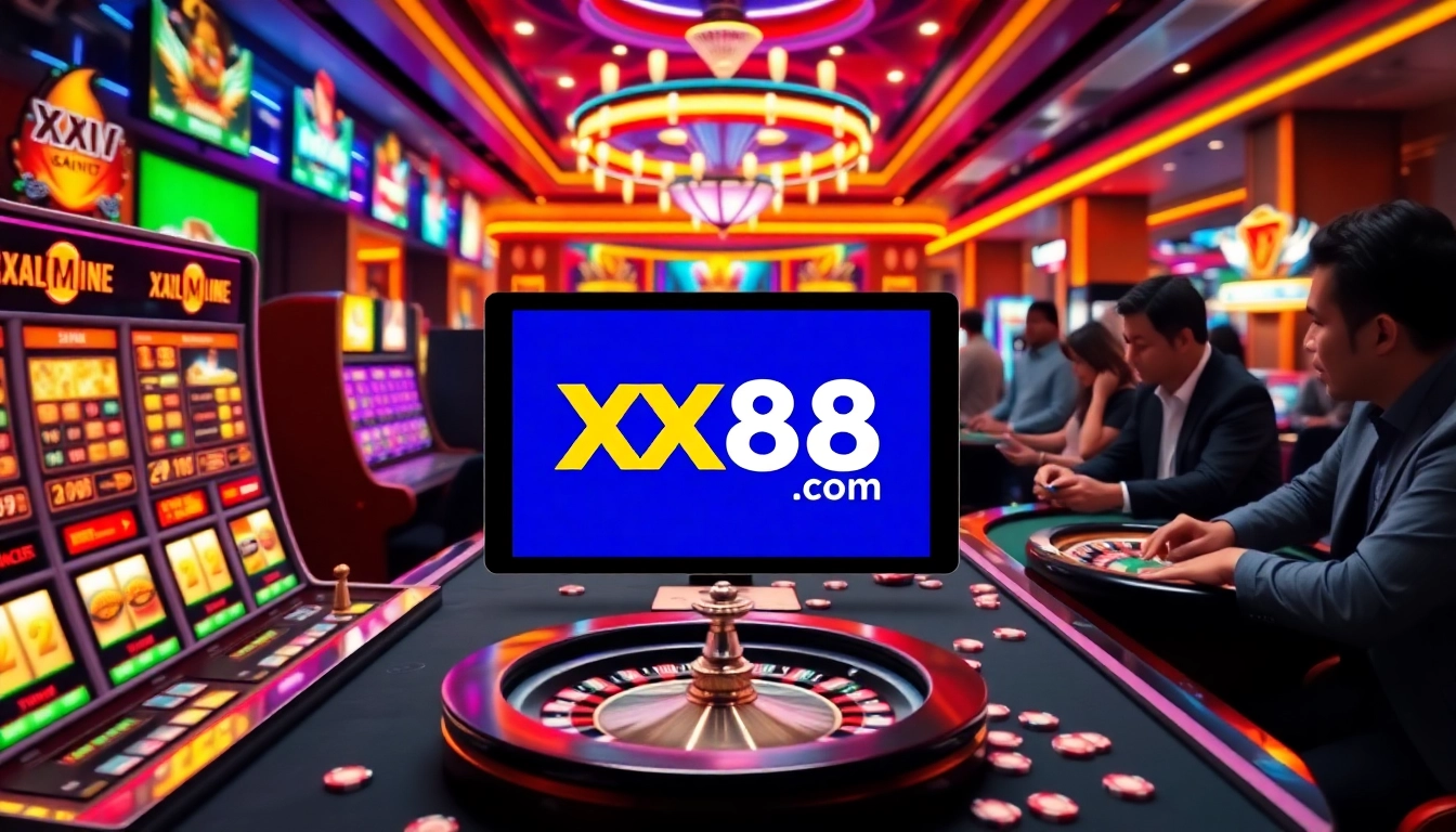 Players engaged in thrilling games at XX88.com casino tables, showcasing an exciting gambling experience.