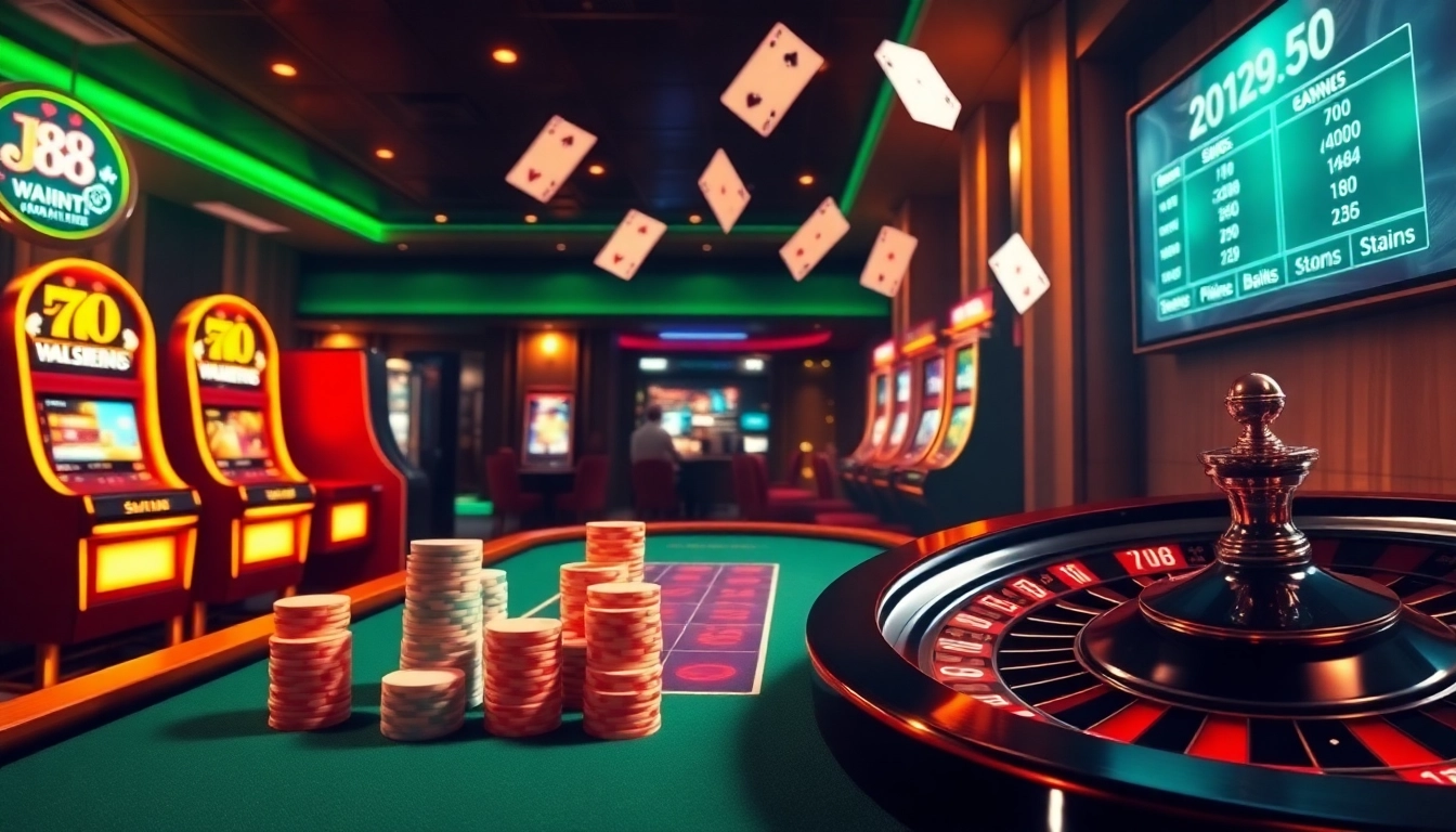 Experience excitement with J88's vibrant casino atmosphere, featuring poker chips and live betting options.