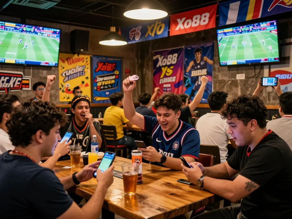 Xo88 bettors engaged at a lively sports bar, placing bets on smartphones during live events.