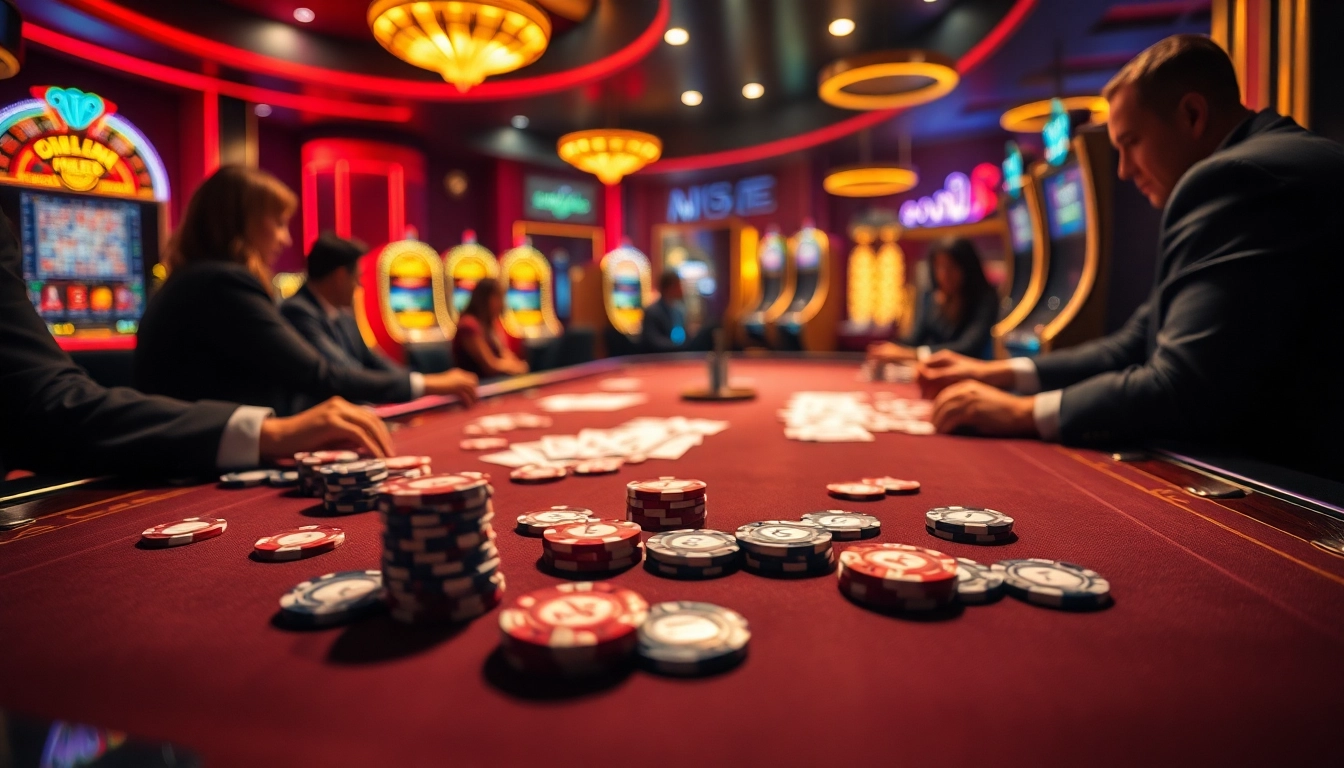 B52 poker chips scattered on a luxury casino table during an intense game.