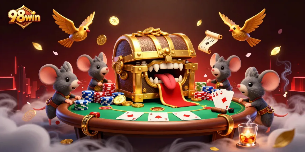 Engage with 98win's exciting poker scene featuring a treasure chest and abundant poker chips.