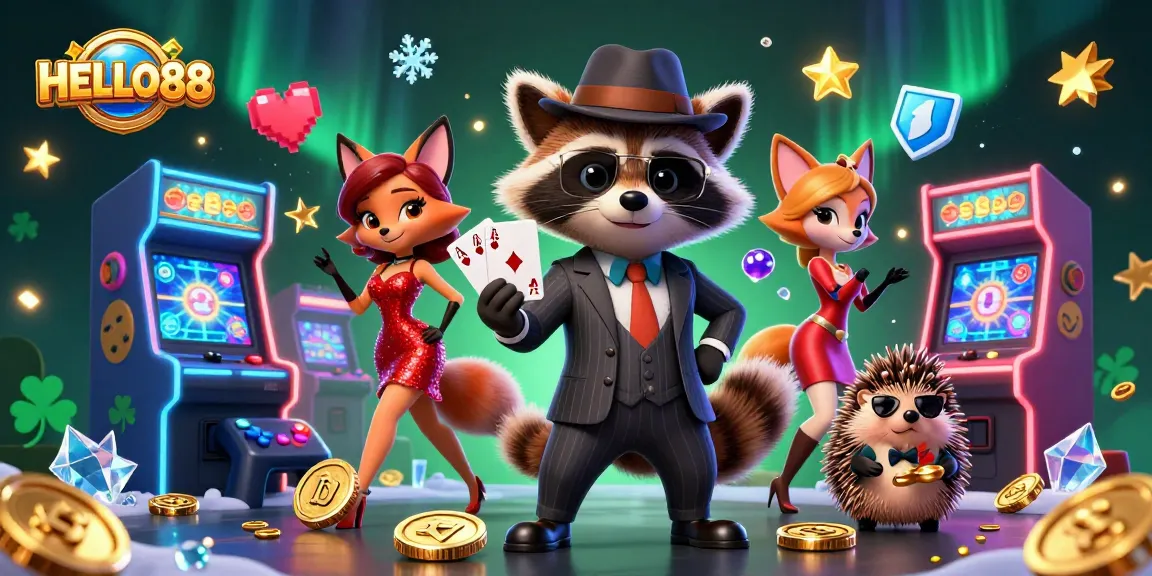 Experience thrilling gaming at HELLO88 with a suave raccoon and his charming companions in a vibrant casino setting.