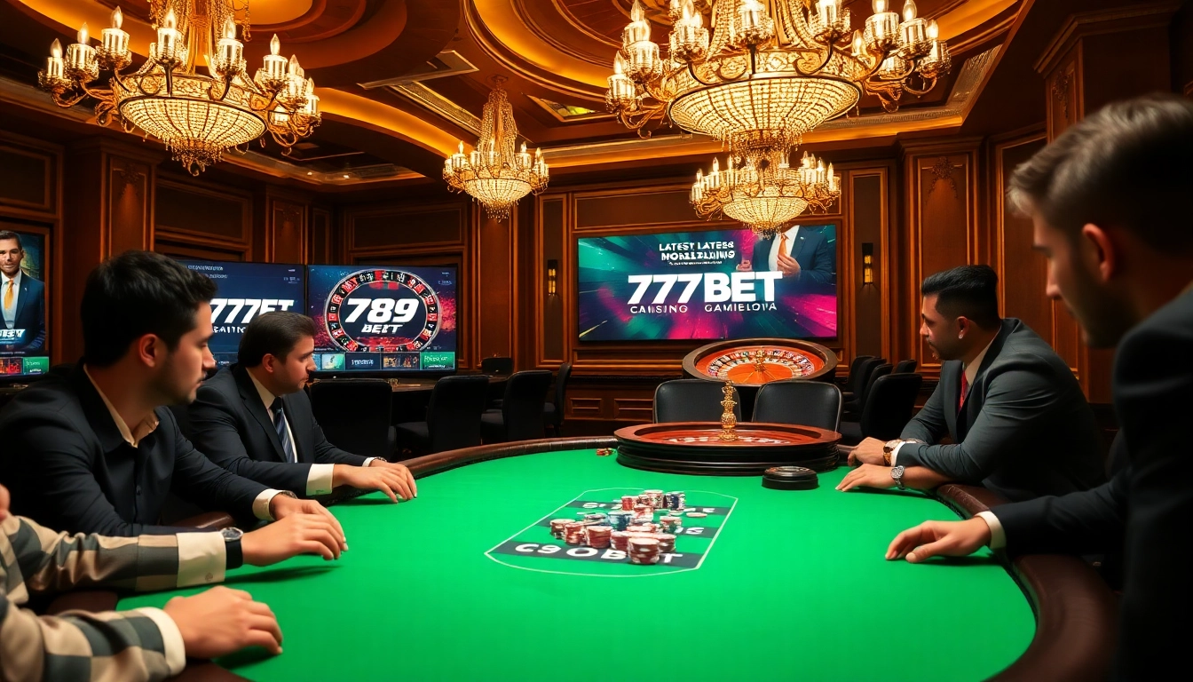 Engaged players strategize at a poker table in the luxurious 789 BET casino environment.