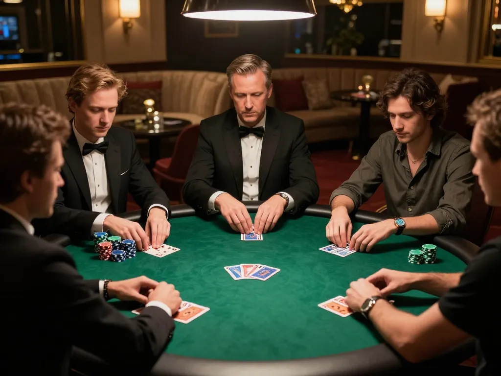 Fly88 poker game in an upscale club with players strategizing their moves