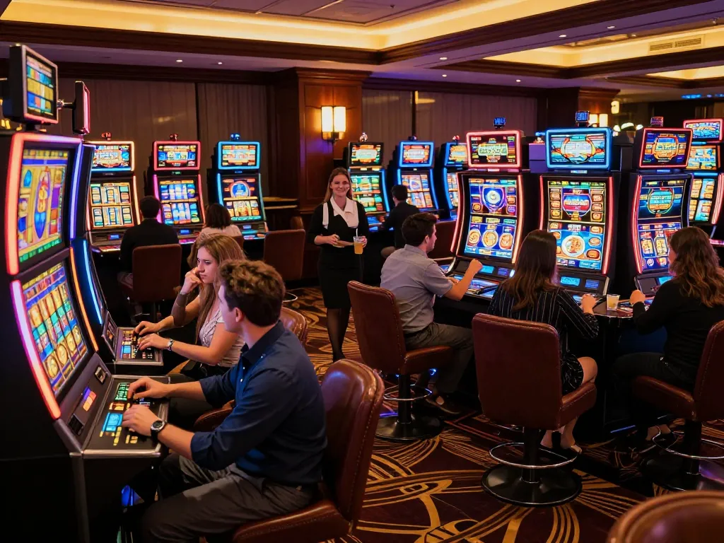 Engaged players enjoying slot gacor games in a vibrant casino, celebrating wins amid lively atmosphere