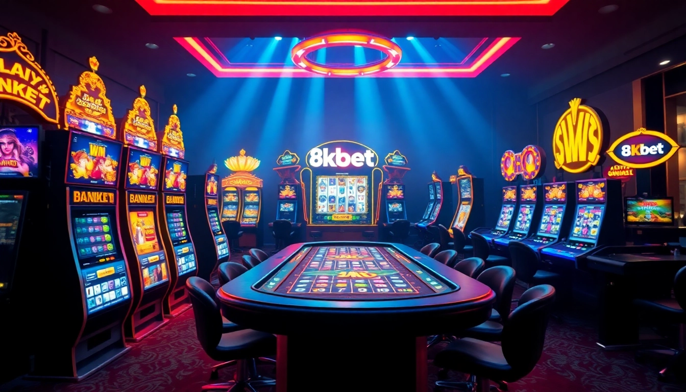 8kbet vibrant online casino scene with engaging slot machines and live dealer action.