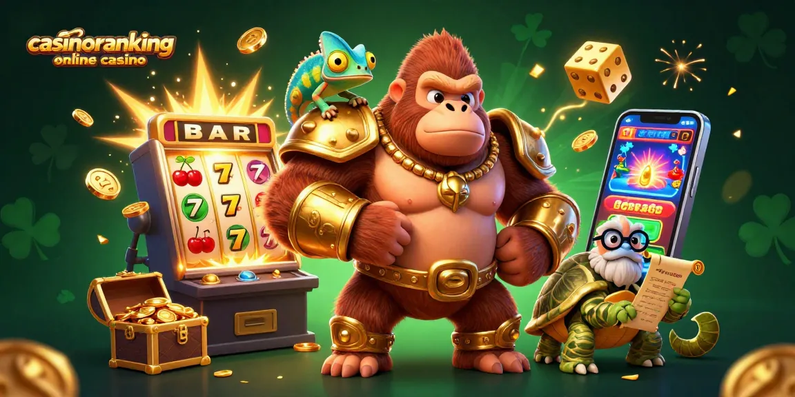 Engage with the vibrant casino world in this casinoranking online casino illustration featuring a gorilla king, chameleon, and tortoise.