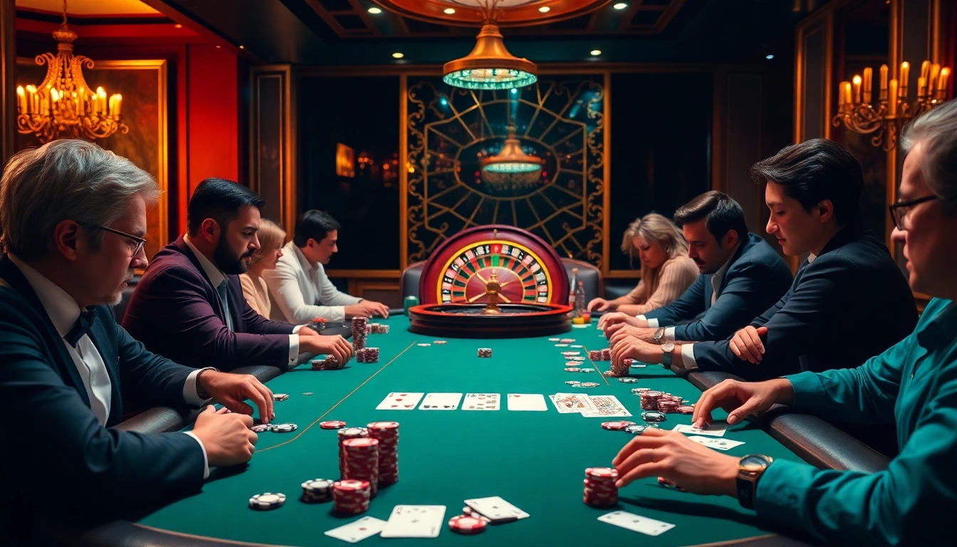 Engage in high-stakes poker at a BDTK66-themed casino table, featuring luxurious decor and vibrant action.