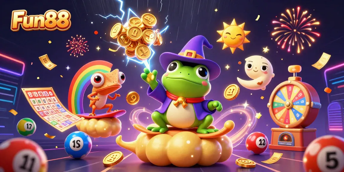 Experience the excitement of Fun88 with a magical 3D illustration depicting vibrant casino elements and lively characters.
