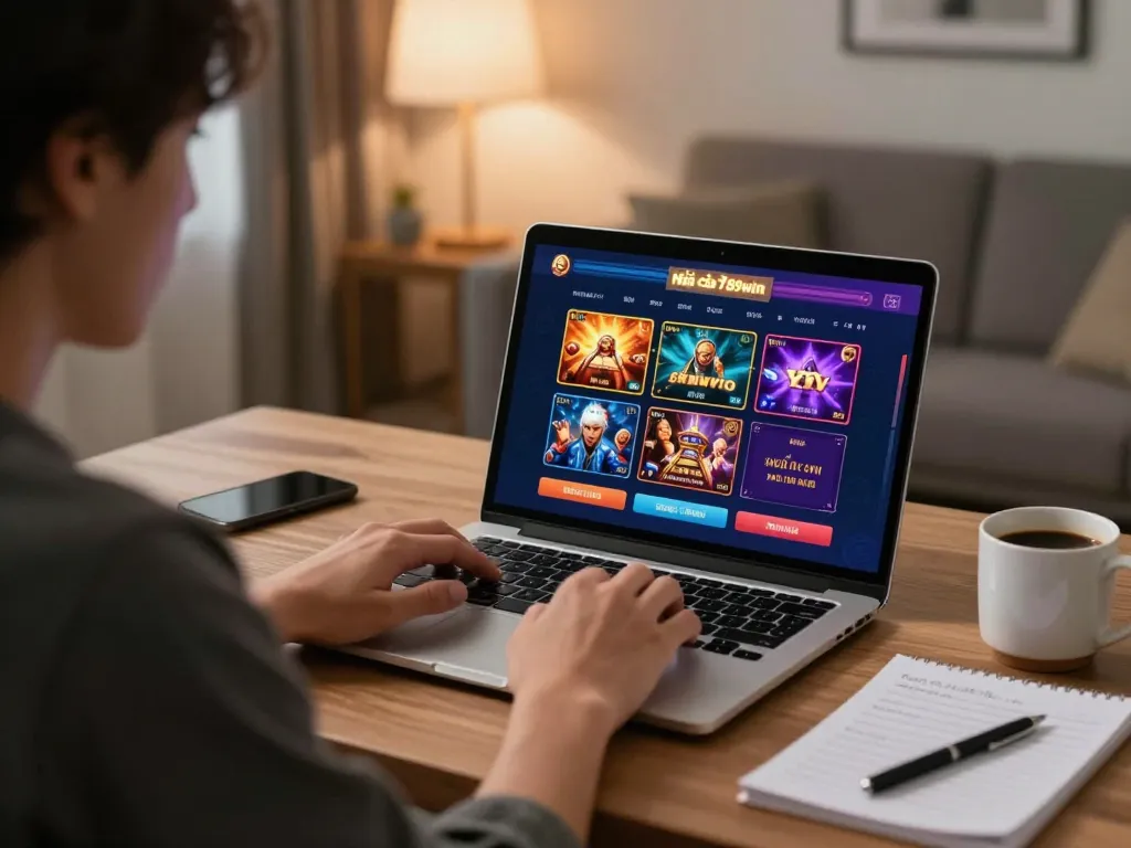 Engaged player experiencing Nhà cái 789win online gaming, highlighting intense focus and strategic betting.