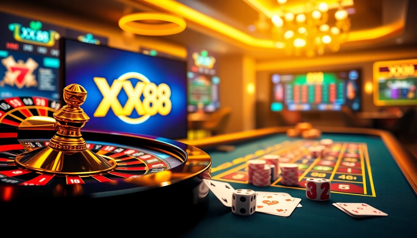 Experience the thrill of winning at XX 88 with vibrant casino visuals featuring roulette and poker tables.