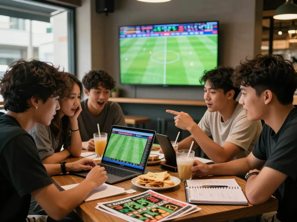 Friends watching kèo nhà cái updates and live odds in lively sports café during match day.