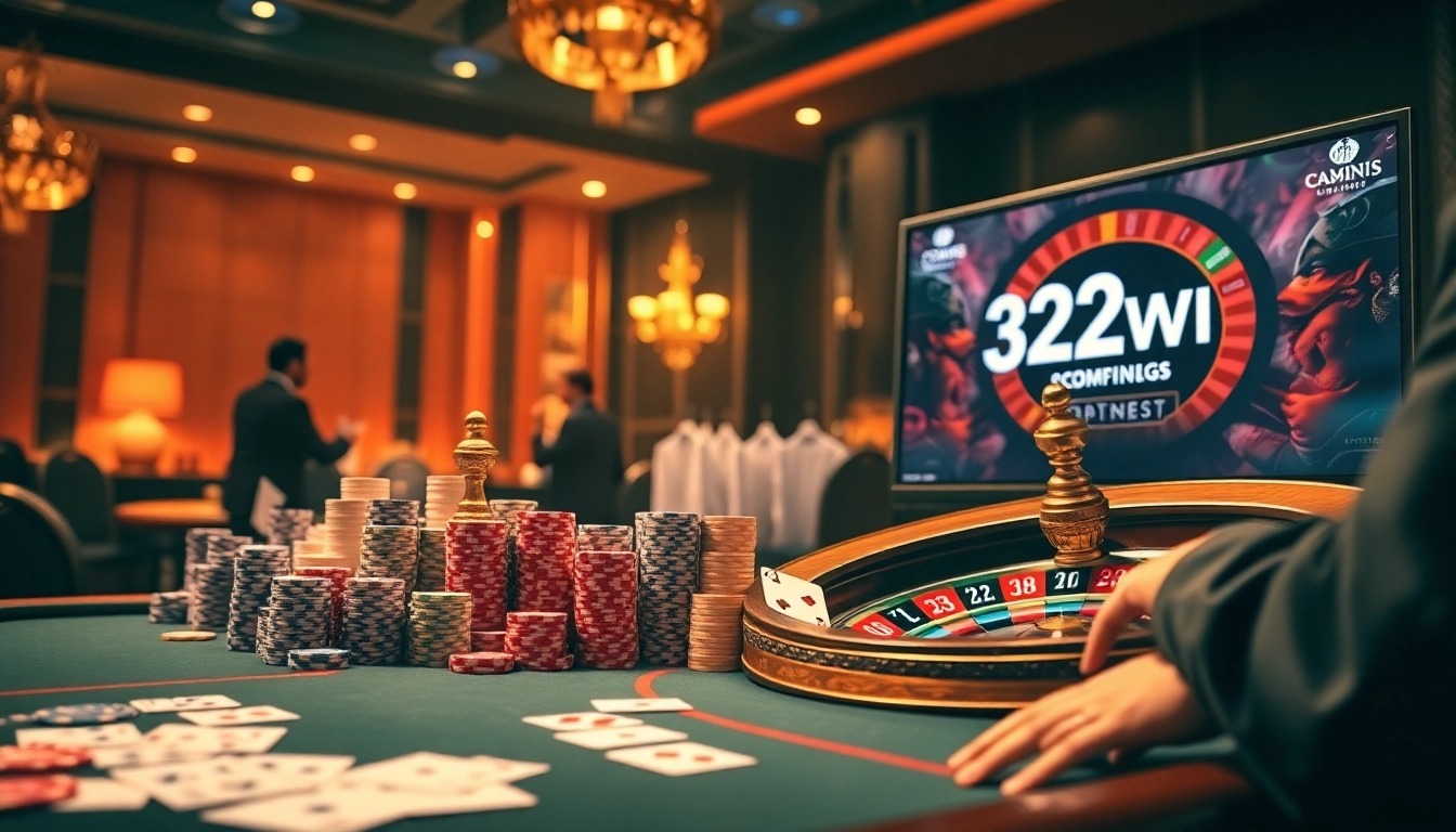 Gamblers enjoying a thrilling game at 32WIN's luxurious casino atmosphere, featuring poker chips and roulette.