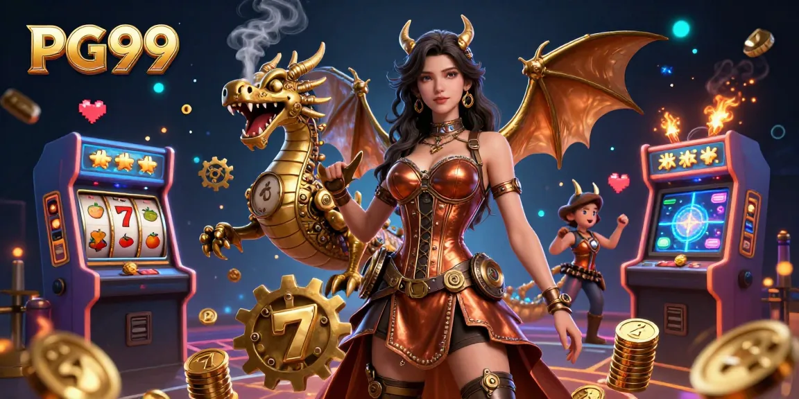 Spin the reels with PG99 in this vibrant steampunk casino scene featuring dragons and games.