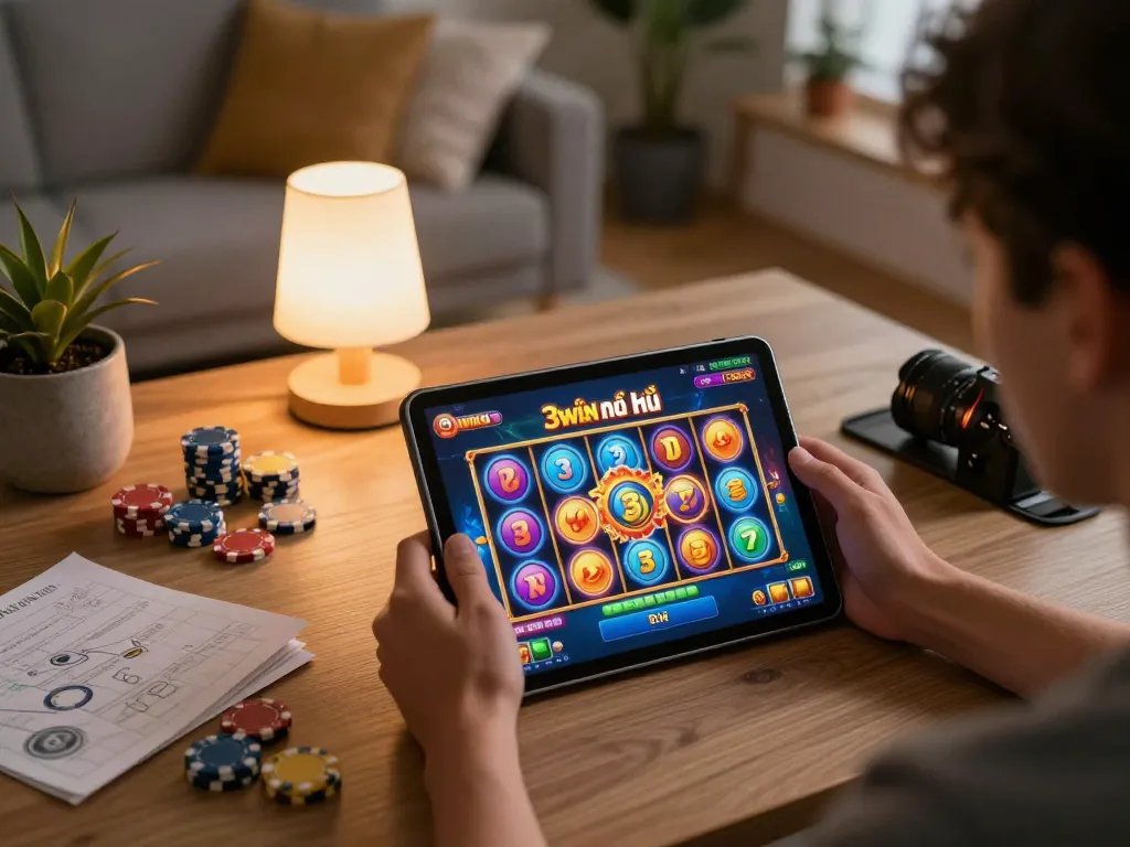Engaged player enjoying a thrilling session of 3win nổ hũ on a tablet at home, dynamic gaming atmosphere.