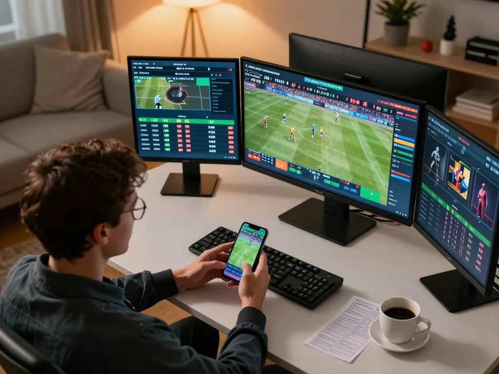 Engaging in live sports betting on FB88 with dynamic odds displayed on multiple screens in a modern setup.