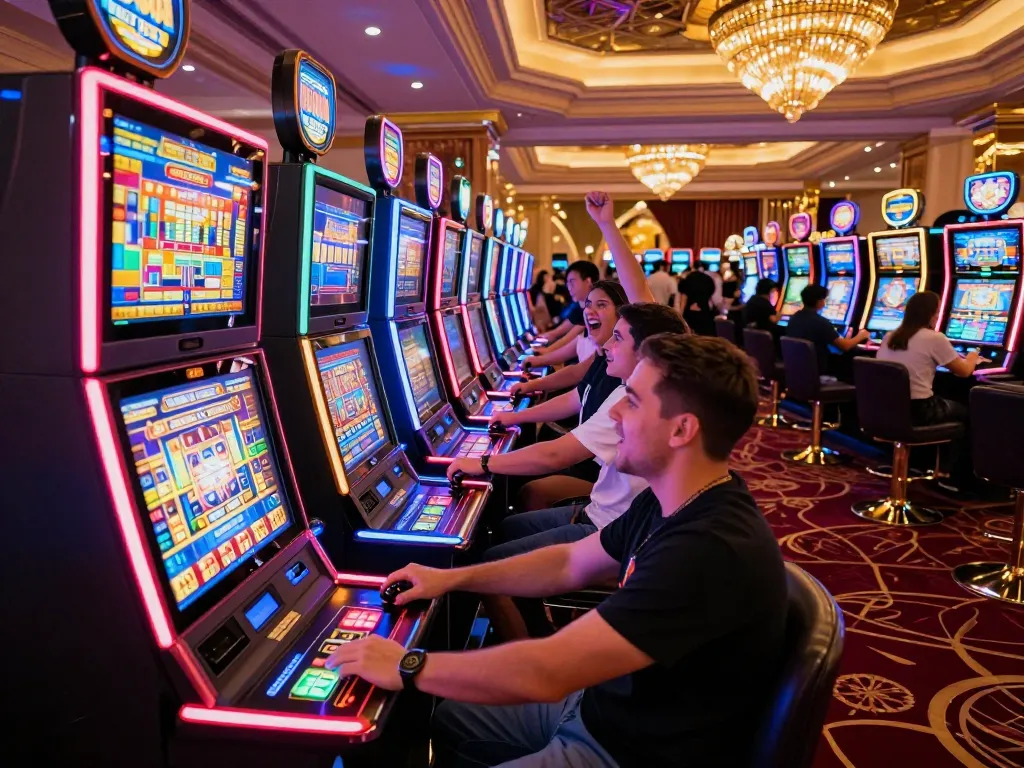 Players enjoying slots at LV88 casino, celebrating big wins in a vibrant atmosphere.